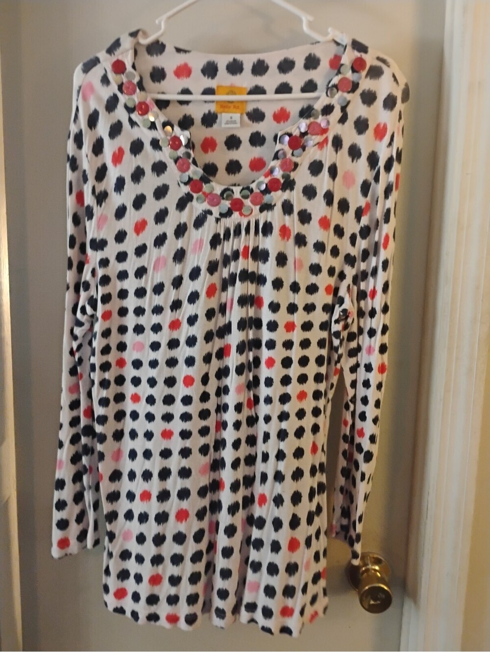 Ruby Rd. Black White Polka Dot Embellished Neckline Tunic Top Small S